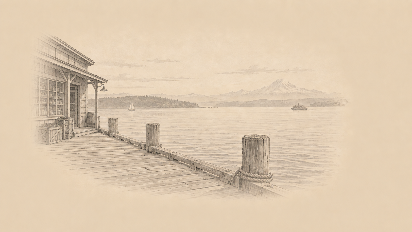A quiet waterfront pier overlooking a bay and distant mountain